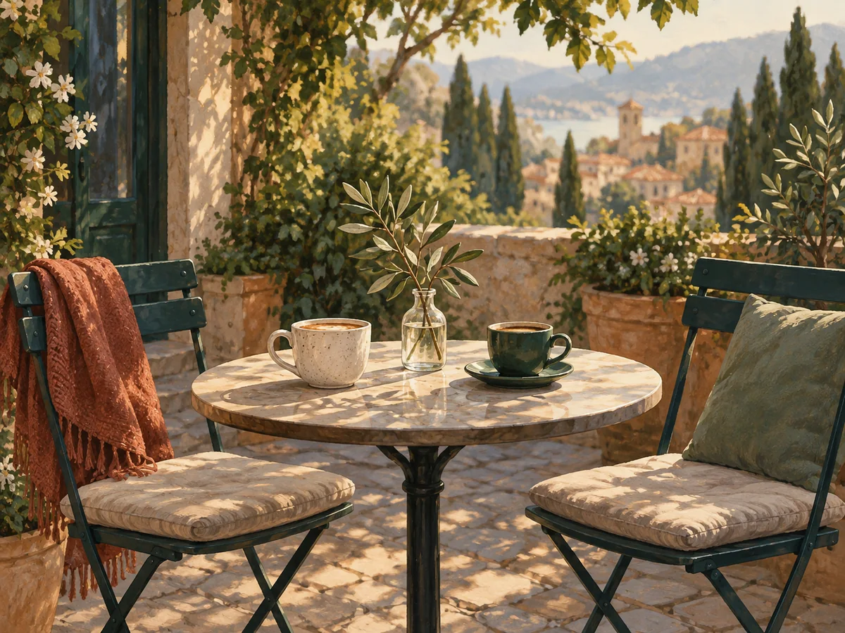 Illustration of two coffee cups and chairs at a sunlit cafe table